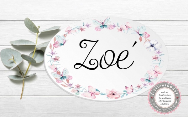 zauberhaftes ovales Türschild Schmetterlinge mit Wunschname - Kinderzimmer, zur Einschulung, Geburtstag, Taufe, Lüttentüddel®